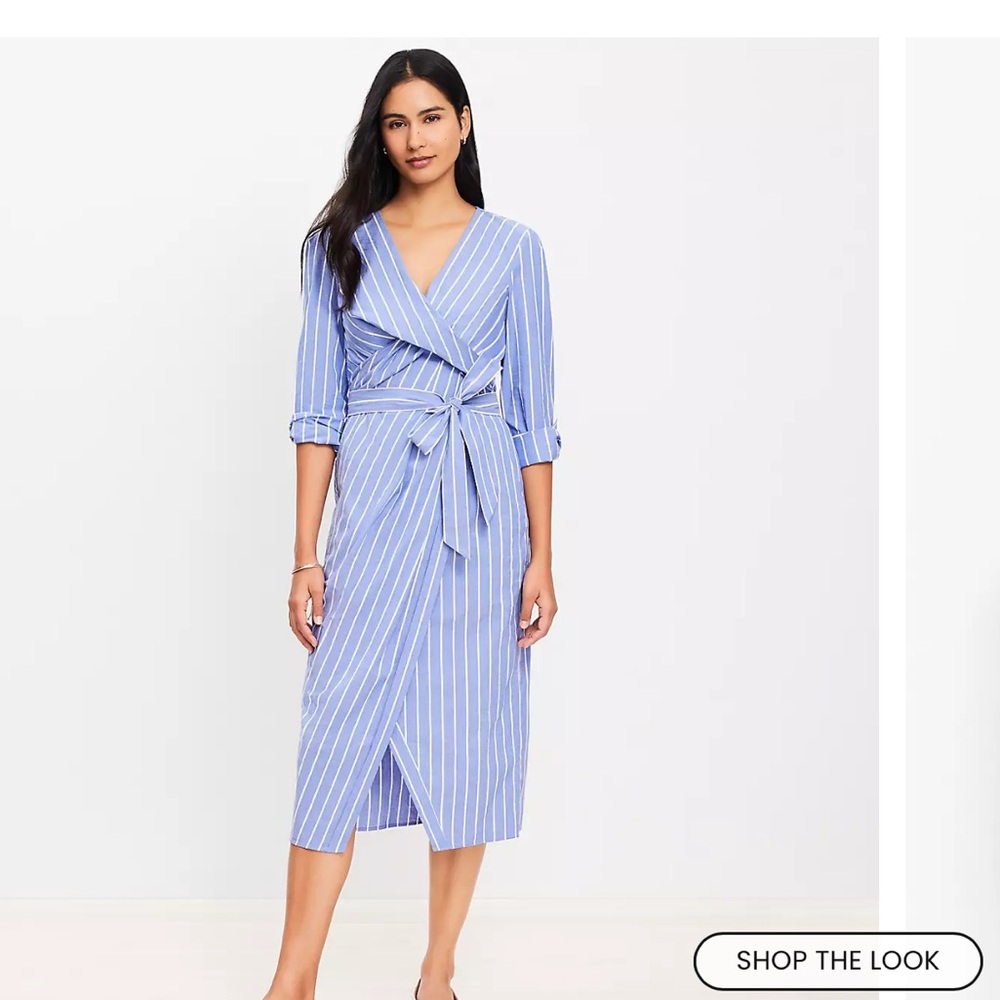 LOFT Blue and White Striped Long Sleeve Dress Twisted Midi NO BELT NWT size 12